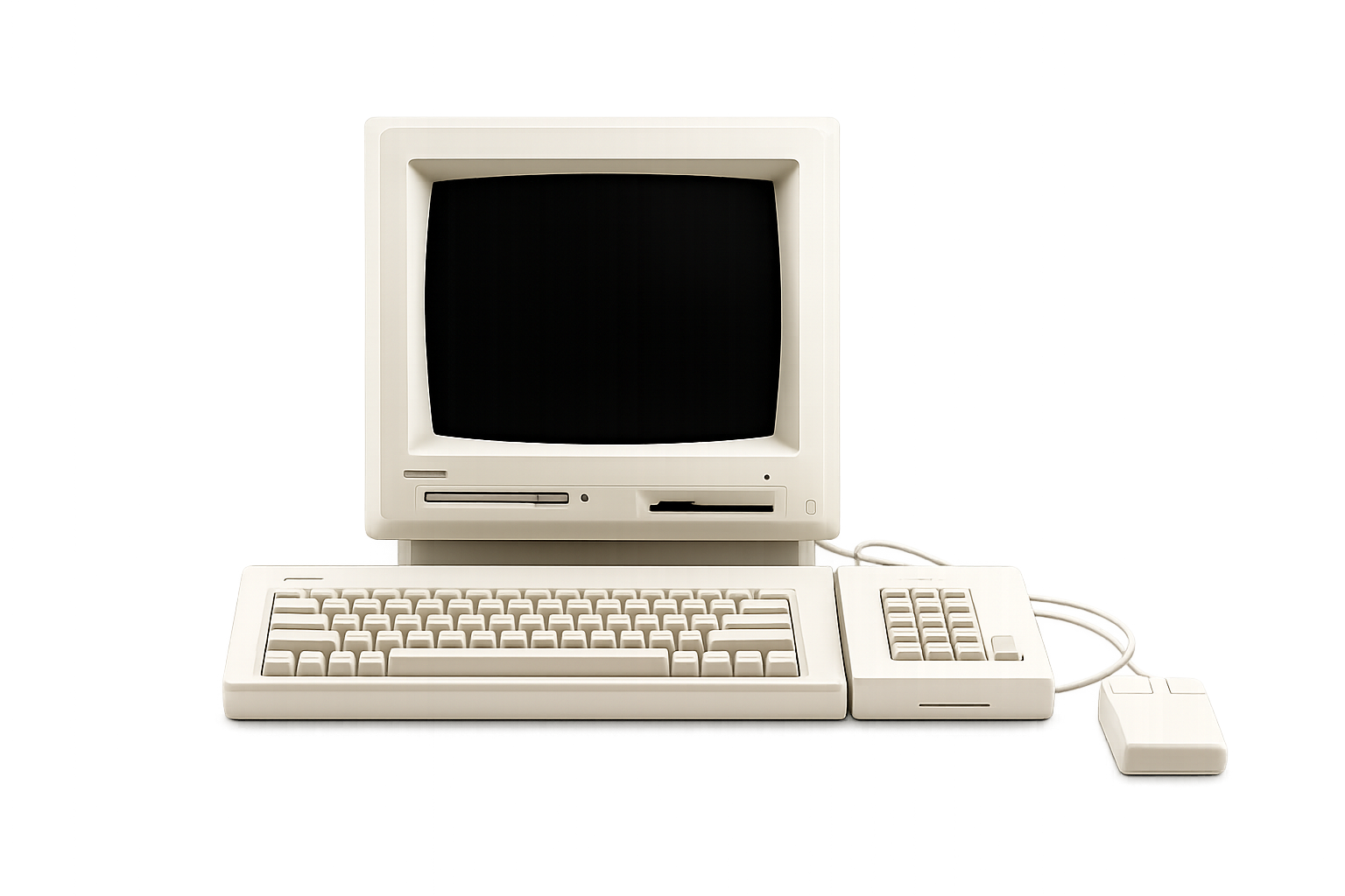 A vintage personal computer alone in a white room